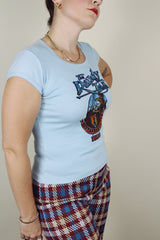 short sleeve baby blue graphic tee women's vintage 1980's
