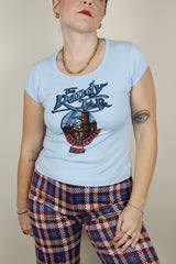 short sleeve baby blue graphic tee women's vintage 1980's