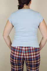 short sleeve baby blue graphic tee women's vintage 1980's