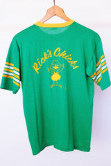 short sleeve green vintage 1970's t-shirt with yellow and white trim