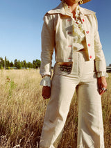 cream colored linen matching pants and jacket set vintage women's 1970's