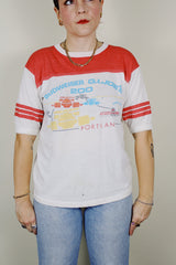 short sleeve white and red graphic ringer tee 1980's