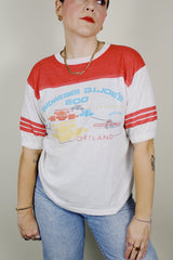 short sleeve white and red graphic ringer tee 1980's