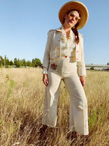 cream colored linen matching pants and jacket set vintage women's 1970's