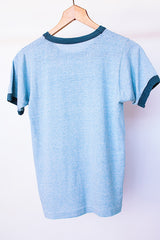 short sleeve blue vintage 1970's t-shirt heart castle graphic