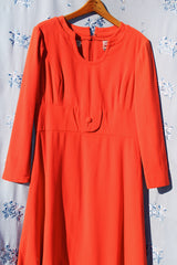 long sleeve mid length orange dress vintage 1970's keyhole neckline pure wool