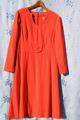 long sleeve mid length orange dress vintage 1970's keyhole neckline pure wool