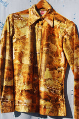 long sleeve printed yellow silky shiny polyester button up collar blouse women's vintatge