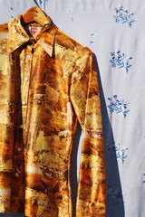 long sleeve printed yellow silky shiny polyester button up collar blouse women's vintatge