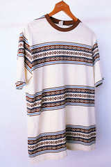 short sleeve cream t-shirt with brown and blue patterned stripes vintage 1970's