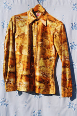 long sleeve printed yellow silky shiny polyester button up collar blouse women's vintatge