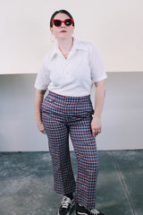 Men's or women's vintage 1970's Ultra-Stretch by Farah label navy, blue, and red plaid pants in a lightweight cotton material. Zipper closure and has pockets.