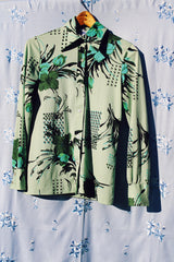 long sleeve button up shirt blouse in green floral pattern vintage 1970's