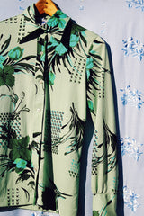 long sleeve button up shirt blouse in green floral pattern vintage 1970's