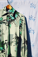 long sleeve button up shirt blouse in green floral pattern vintage 1970's