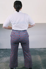 Men's or women's vintage 1970's Ultra-Stretch by Farah label navy, blue, and red plaid pants in a lightweight cotton material. Zipper closure and has pockets.