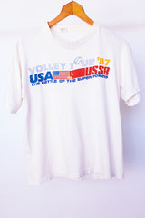 short sleeve white t-shirt with volleyball graphic vintage 1987