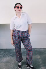 Men's or women's vintage 1970's Ultra-Stretch by Farah label navy, blue, and red plaid pants in a lightweight cotton material. Zipper closure and has pockets.