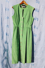 sleeveless midi length pastel green suede dress buttons up the front