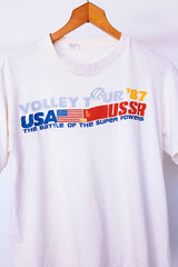 short sleeve white t-shirt with volleyball graphic vintage 1987