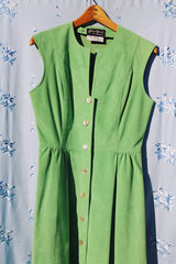 sleeveless midi length pastel green suede dress buttons up the front