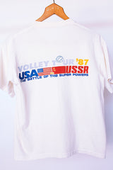 short sleeve white t-shirt with volleyball graphic vintage 1987