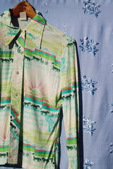 long sleeve green printed button up blouse vintage 1970's with collar and western print with horses