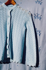 long sleeve baby blue crochet button up cardigan 1960's women's vintage