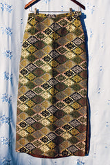 high waisted quilted maxi skirt vintage 1970's with green pattern