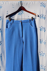 high waisted blue polyester pants with slight flair vintage 1970's