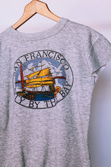 short sleeve gray sweater cotton blend with boat graphic vintage 1980's