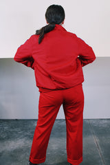 Men's vintage 1970's Swingster, World of Wearables label long sleeve red zip up jacket in nylon material with fleece and quilted liner. Popper buttons, pockets, and Cessna patch.