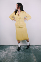 vintage 1940's yellow midi dress with tie neck
