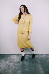vintage 1940's yellow midi dress with tie neck