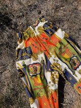 slinky shiny polyester printed pants in abstract print elastic waistband 1970's vintage women's