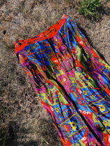 multi colored print maxi polyester skirt with buttons up the front vintage women's 1970's