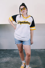 Women's or men's vintage 1980's Willamette Athletic, Portland short sleeve white, yellow, and black mesh stretch nylon sports jersey with v shaped neckline.