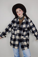 vintage 1970's Pendleton long sleeve wool black and white plaid print button up jacket