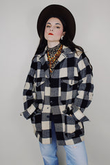 vintage 1970's Pendleton long sleeve wool black and white plaid print button up jacket
