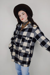 vintage 1970's Pendleton long sleeve wool black and white plaid print button up jacket