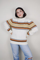 vintage 1970's JCPenney long sleeve white cable knit pullover sweater with abstract print around the chest
