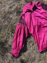 long sleeve balloon sleeve button up collared shirt in purple pink color vintage 1960's