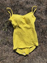 yellow textured nylon vintage swimsuit with skirt bottom 1970's