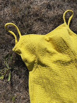 yellow textured nylon vintage swimsuit with skirt bottom 1970's