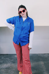 Men's or women's vintage 1960's King Louie by Holiday short sleeve bright blue button up bowling shirt with small collar, two chest pockets, and embroidery in yellow throughout.