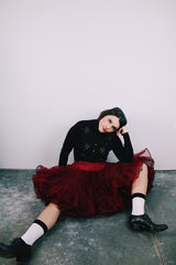 vintage 1960's maroon crinoline with layered ruffled tulle and elastic waistband