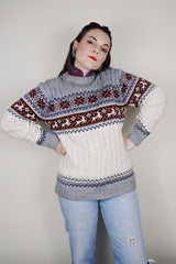 vintage 1980's High Sierra Mervyn's long sleeve cable knit pullover print with a reindeer print across the chest. White with grey, maroon, and navy print.