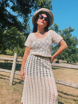 short sleeve cream crochet maxi skirt with adjustable tie waist vintage 1970's