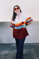 Men's or women's vintage 1980's Shoreline Hawaii, Made in Hawaii label short sleeve button up polyester lightweight Hawaiian print shirt in white and maroon.