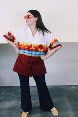 Men's or women's vintage 1980's Shoreline Hawaii, Made in Hawaii label short sleeve button up polyester lightweight Hawaiian print shirt in white and maroon.